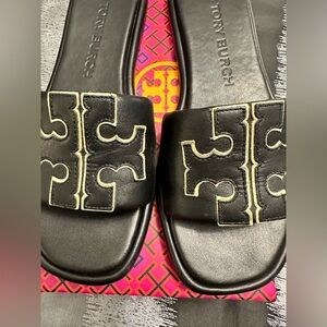 Tory Burch Double T Black Leather Slides